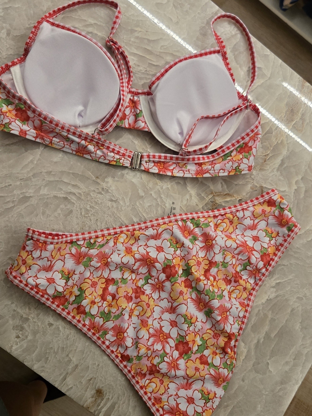 Shein Floral Gingham Trim Bikini Set - Pink & Orange Floral